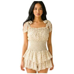Floral Off Shoulder Romper Smocked Ruffle XS